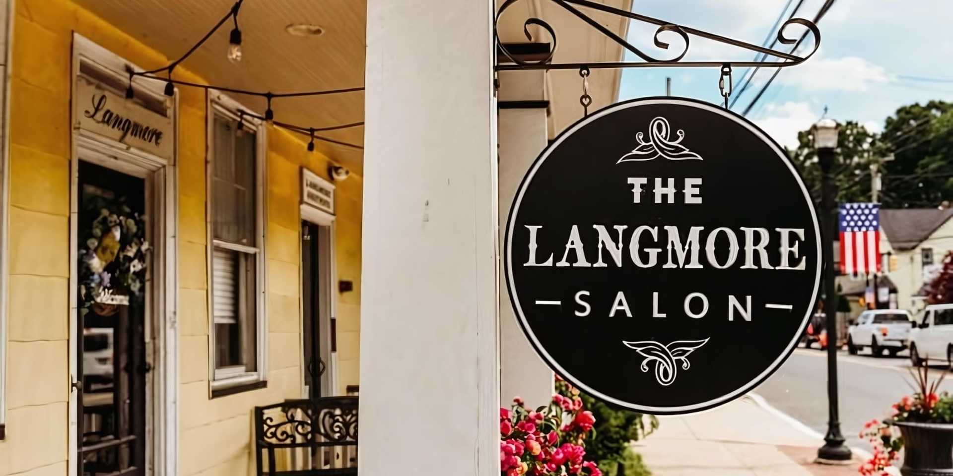 Sign reading "The Langmore Salon" hanging outside a charming yellow building on a sunny day.